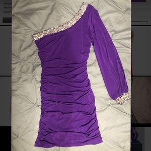 Jodi Kristopher purple one shoulder dress